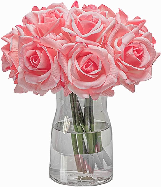 Artificial Roses Single Stem 10pcs Fake Silk Flower Arrangement Bouquet Real Touch for Home Party Wedding Decoration(Deep Pink)