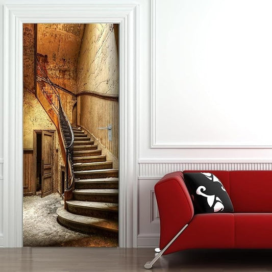 3D Door Wallpaper Self-Adhesive Door Sticker - Old Stairs - Door Film Poster Premium PVC Waterproof Wall Sticker for Bedroom Living Room Door Decoration Wallpaper 90 x 200 cm