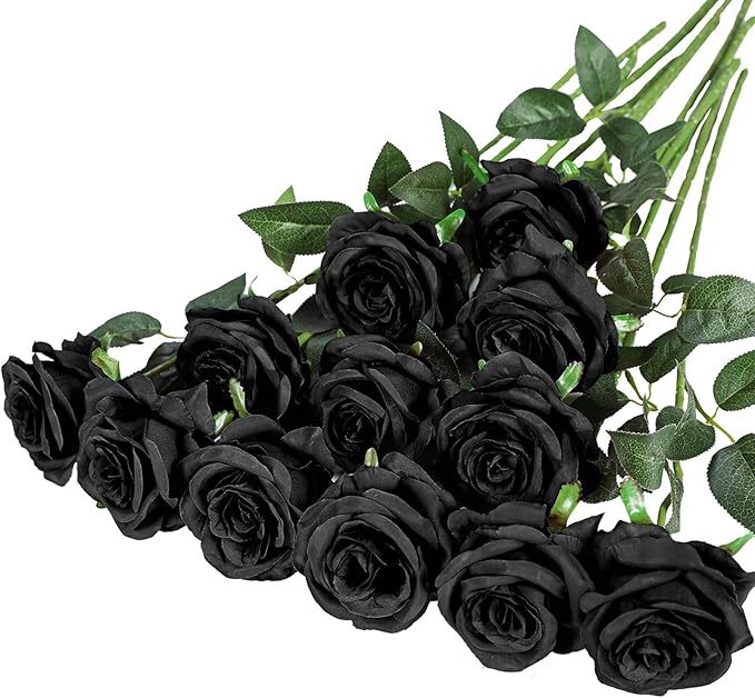 Hawesome 12PCS Artificial Silk Flowers Realistic Roses Bouquet Long Stem for Home Wedding Decoration Party (12PCS-Black)