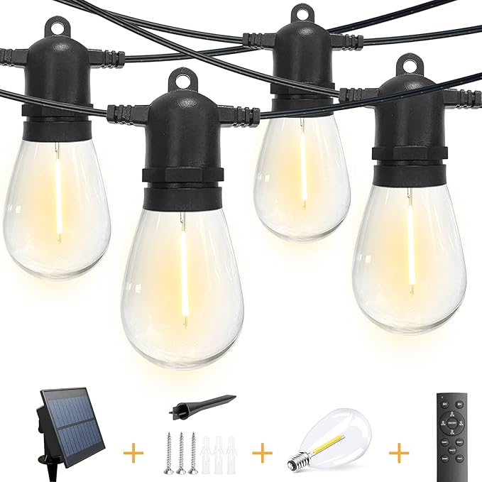33(27+6) ft Solar String Lights Outdoor, Waterproof with USB Port Remote Control Solar Patio Lights,9 Shatterproof S14 Bulbs,1W Soft White