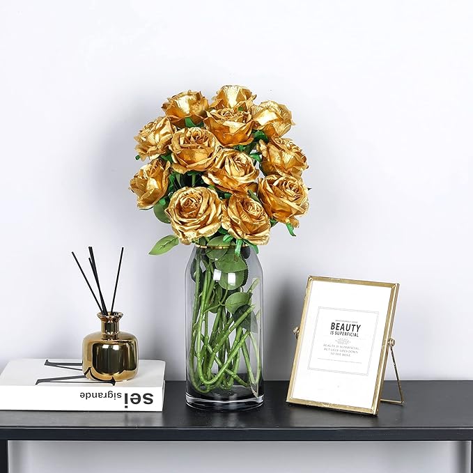 Hawesome 12PCS Artificial Silk Flowers Realistic Roses Bouquet Long Stem for Home Wedding Decoration Party (Gold-1)