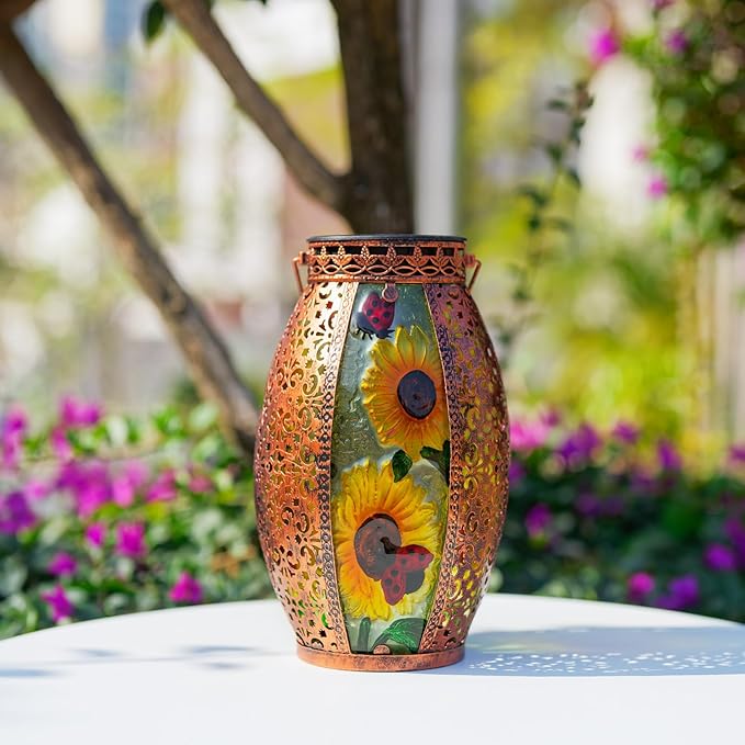 Sunflower Solar Lanterns Outdoor Waterproof,Hanging Solar Lantern with Ladybug,Outdoor Solar Lanterns with Hollowed-Out Design Metal &Glass Lantern,Solar Lights for Garden Patio Lawn Decor