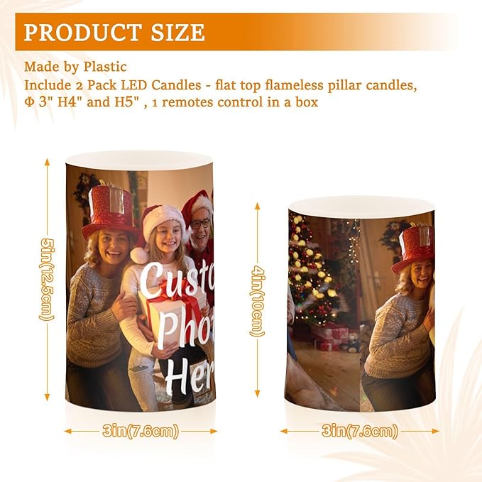 Personalized Flickering Flameless Candles, Custom Photo LED Candles Set of 2, Remote Timer Battery Operated Candle for Valentine Wedding Birthday