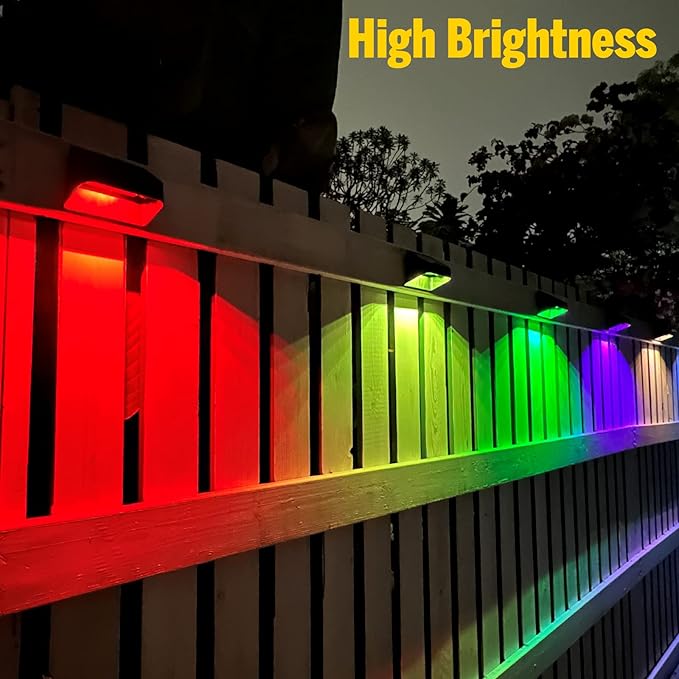 Brighter Solar Fence Lights 4 Pack, RGB 8 Colors, Dusk to Dawn Deck Light, Fence Solar Lights Outdoor IP65 Waterproof, Solar Outdoor Lights for Backyard/Railing/Wall/Step/Patio