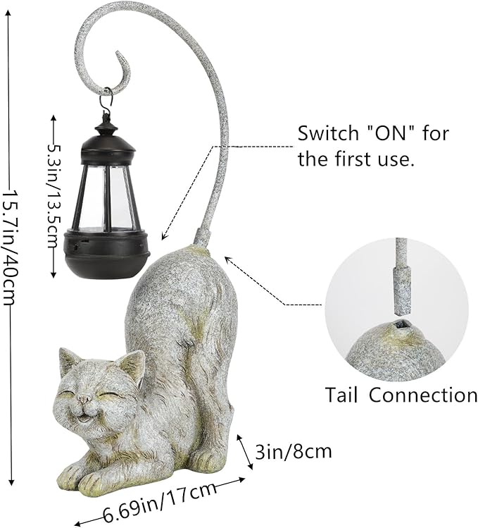 Laughing Cat Figurine with Solar-Powered LED Light, 15.7 Inches Tall Marble, Perfect for Gift Garden Decor or Housewarming for Cat Lovers.
