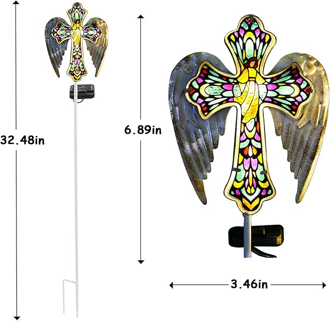 TEDOF Solar Glass Cross Stake Lights Outdoor Garden Lights,Cemetery Decorations for Grave,Jesus Cross Angel Wings Memorial Gifts for Mom,Yard Lawn Garden Patio Christmas Decor