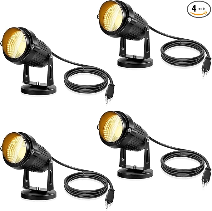 LemonBest Landscape Lights - 5W 110V Outdoor Spotlight - Waterproof IP65-3000K Warm White LED Landscape Lights - 5ft Cable for Yard Garden Patio Driveway House (Include Spike) (4 Pack)