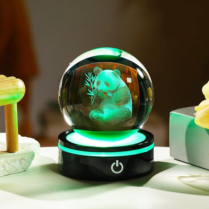 YWHL 3D Panda Figurine Crystal Ball with Colorful Light Base, Panda Gifts for Women Men on Christmas Birthday, 3D Laser Engraved Full Sphere Glass Decorative Ball for Home Office (80mm)