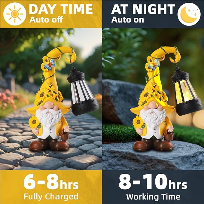 Solar Garden Decor - Sunflower Gnome Statue with Lantern 9.1" Garden Gnomes Outdoor Funny Solar Statues Yard Porch Lawn Patio Decor Gardening Gift for Women Mom Grandma Wife Girlfriend