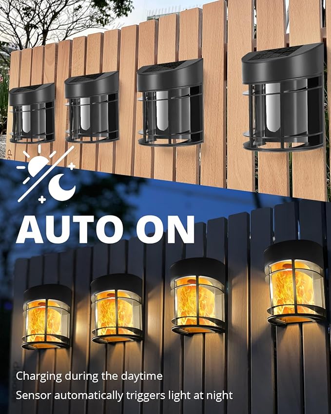 Flickering Flames Solar Fence Lights, Upgraded 8 Pack Waterproof Solar Outdoor Lights for Deck Fence Post Yard