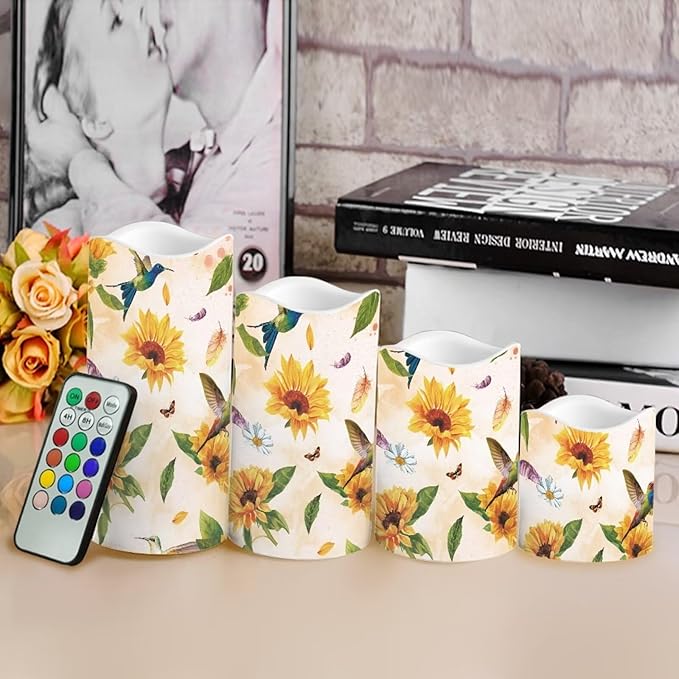 Ystardream Sunflower Hummingbird Flameless Candles with Timer Led Candles Flickering 4 Candle Sets for Home Decor,18 Key Remote Control，Dancing Flame, True Wax, Battery Powered.