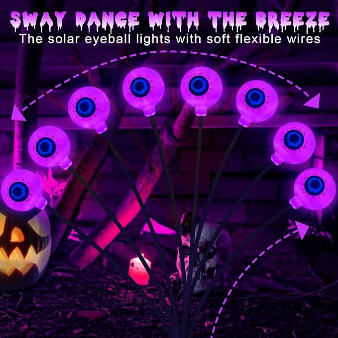 Solar Eyeball Lights Outdoor Waterproof 4 Pack 32 LED Halloween Eyeball Lights 8 Modes Scary Eyeballs Swaying Lights Eyeballs Halloween Decoration for Outside Yard Garden Party Decor (Purple)