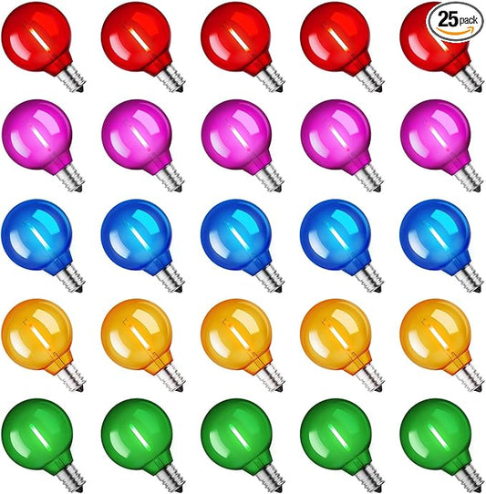 Brightown 25 Pack Multicolor G40 LED Christmas Replacement Light Bulbs, UL Listed, 1 Watt E12/C7 Candelabra Base Plastic Shatterproof LED Globe Edison Bulbs, Easily Screw in Strings Spools Strands