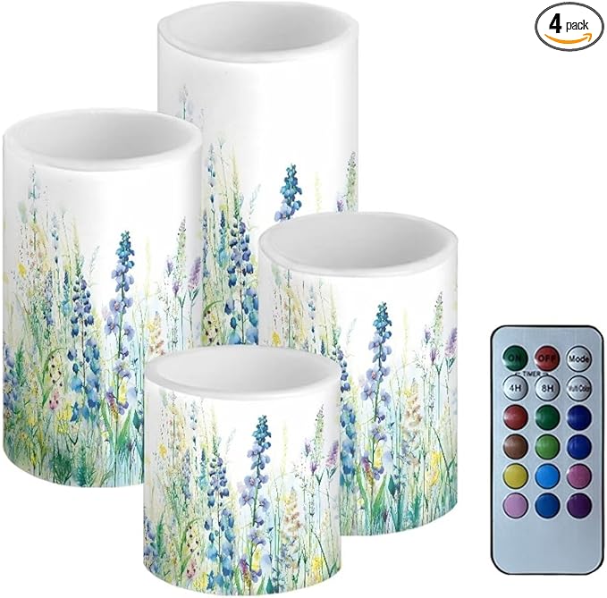 Flameless Candles Battery Powered LED Candles with Remote Timer Color Changing Control for Indoor Outdoor Home Table Beach Wedding Decoration Set of 4, Blue Green Floral