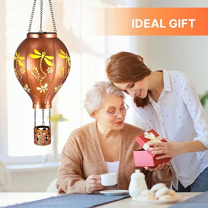 Dragonfly Hot Air Balloon Solar Lights Hollowed Metal Hanging LED Solar Lanterns Outdoor Waterproof Light for Garden Patio Yard Porch Christmas Decor Gifts for Women Mom Friends