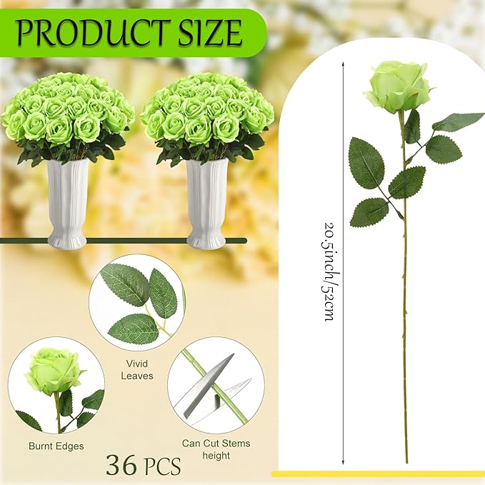 36 Pcs Silk Green Rose Bouquet Bridal Artificial Flowers,Fake Rose Long Stem Realistic Flowers Bulk for Wedding Bouquet Ball Arrangement Centerpiece Party Decor