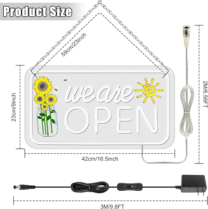 Neon We are Open Signs for Business, 16.5x9'' Open Sign with Printed Flower and Sun, with ON/OFF Switch & Adapter, Daylight White, Ideal for Window, Party, Wall, Bars, Coffee Shops, Salons, Clubs, Hotels