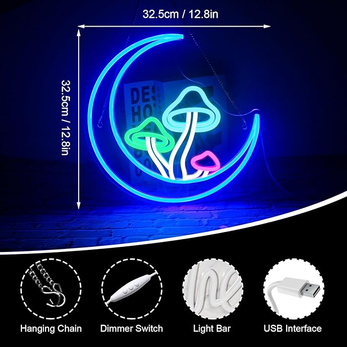 Moon Mushroom Neon Sign Blue Moon Neon Lights for Wall Decor Mushroom Light Up Signs USB LED Signs for Girls room Living Room Kids Room Home Bar Party Shop