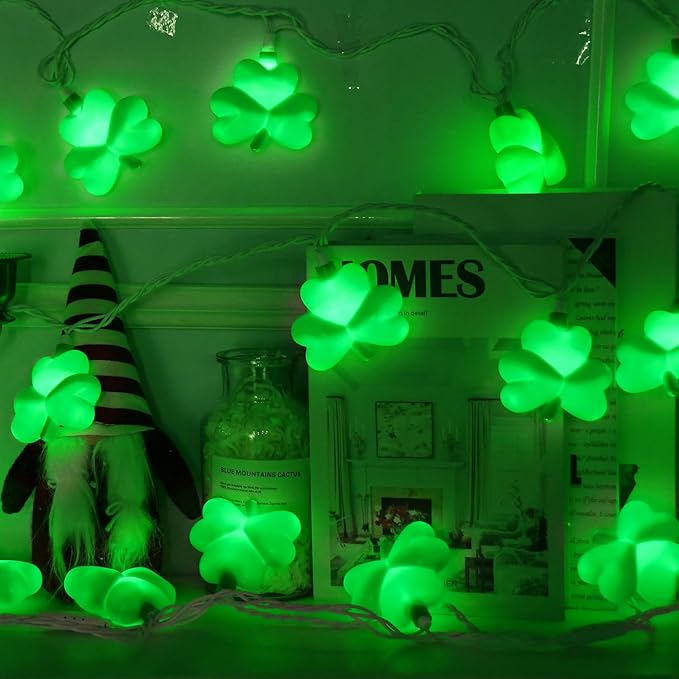 St Patricks Day Decorations Shamrock String Lights, 8.5FT Green Lucky Clover String Lights Waterproof with 10 Green LED Lights for Indoor Outdoor St. Patrick's Day Party Decorations, White Wire