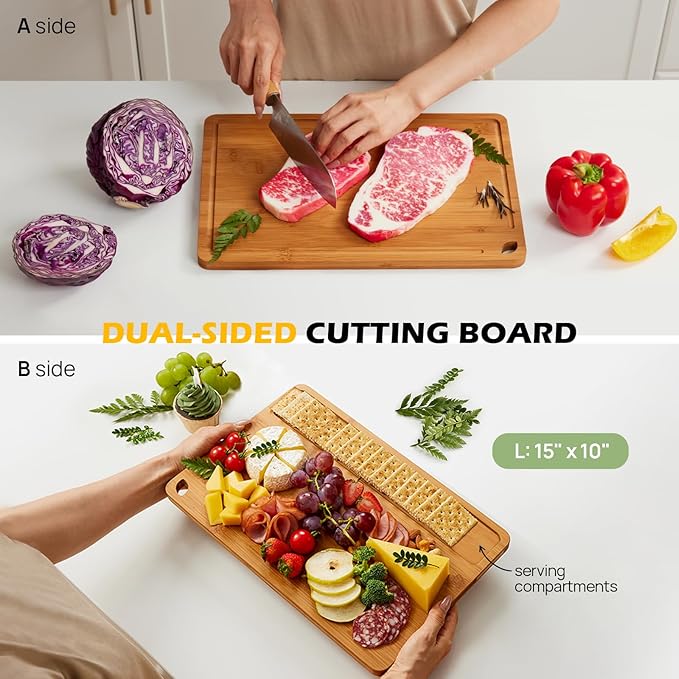 Bamboo Cutting Board 15 inches Carbonized Chopping Board With Knife-Friendly Surface & Juice Groove For Home Kitchens – Ideal For Meat, Veggies