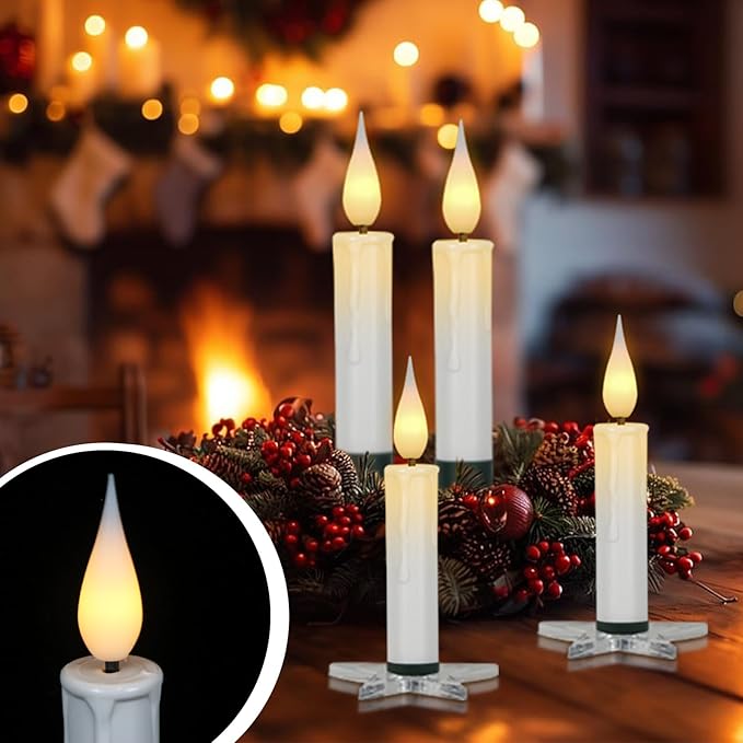 DRomance Christmas Tree Flameless Taper Candle Lights Battery Operated with 10-Key Remote and Timer, 10 Pack Plastic 3D Wick Flickering LED Taper Candles Multi-Using Home Garden Holiday Decor 3.4"