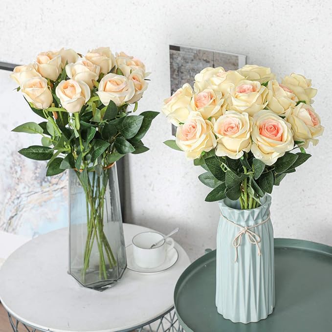 Hawesome FLORRALIA 12PCS Artificial Silk Flowers Realistic Roses Bouquet Long Stem for Home Wedding Decoration Party (Champagne 1)