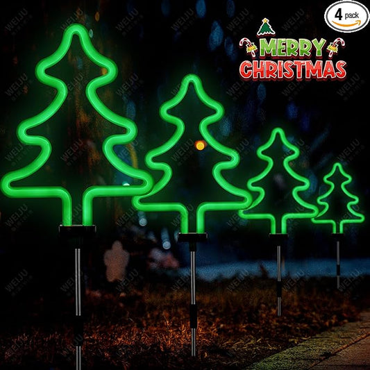 BlcTec Christmas Decorations Outdoor, 4PCS Neon Christmas Tree Shape Lights with Stainless Steel Stakes, 4 Xmas Tree Garden Lights with Waterproof for Garden Patio Yard Lawn Décor, Green
