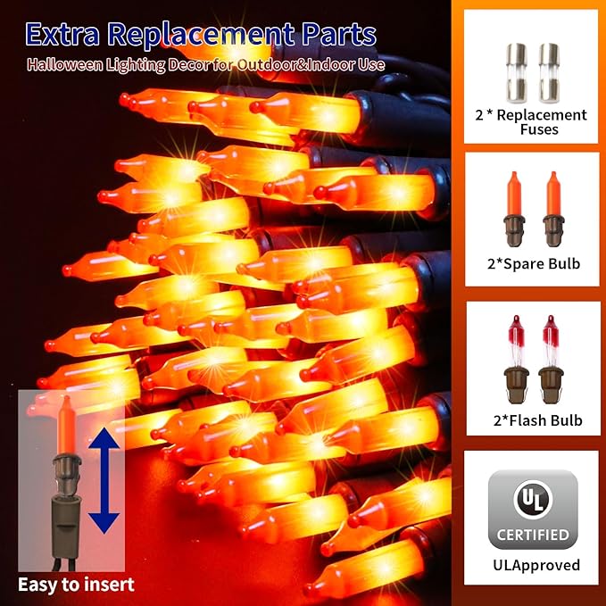 Ultra-Bright Connects End to End Orange Christmas Mini Lights 300L 63.8Ft(2Sets-Each 150L)UL Listed Incandescent Bulb String Light for Indoor Outdoor Halloween Home Garden Party Tree Decor