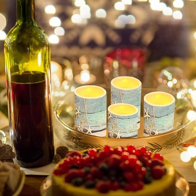 Flameless Candles 4 Pcs, Battery Powered with Timer Remote Control Color Changing Everlasting Pillar Candle Set Indoor Outdoor Coastal Decor, Beach Starfish with Blue Wood Grain