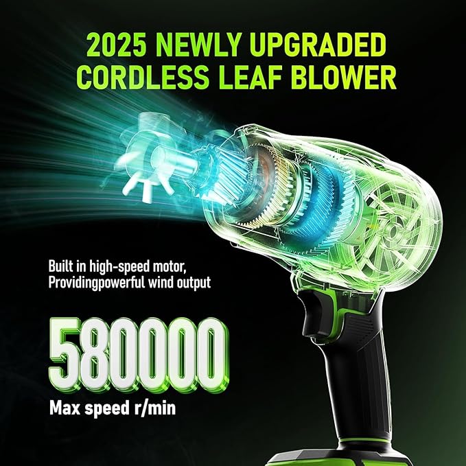 Electric Leaf Blower Cordless,580000RPM Lightweight Handheld Leaf Blower with 2 x 4.0Ah Battery and Charger,Powerful Battery Blower with 3 Extended Nozzle for Lawn Care, Patio Cleaning and Dust