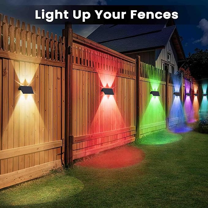 Fence Lights Solar Powered, 12-Pack Solar Fence Lights Up/Down Flexible Buttons, IP67 Waterproof for Outdoor, 120LM Bright, Auto Dusk to Dawn for Wall/Stairs/Yard/Railing/Deck/Pathway (White & RGB)