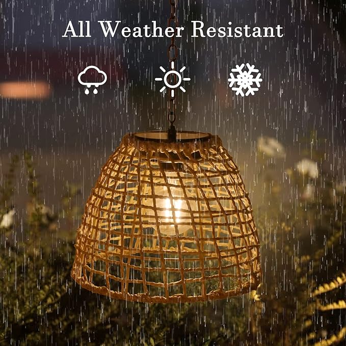 Vintage Rattan Basket Shade Solar Lantern Hanging Lighting Country Style Pendant Light Patio Garden Farmhouse Decoration Rustic Handmade Rattan Pendant Lamps.
