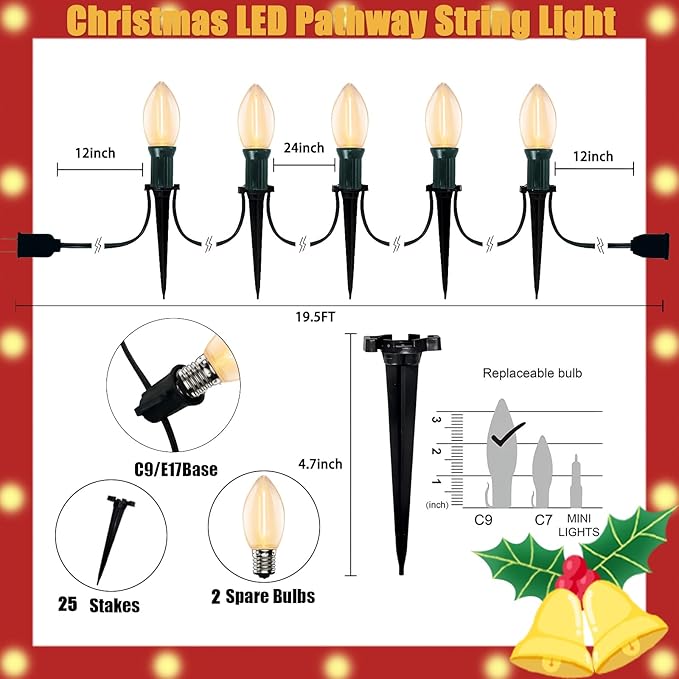 C9 Led Christmas Pathway Lights Outdoor, 38Ft 25 LED C9 Warm White Pathway Marker Stakes Lights, Connectable Christmas Walkway Lights UL Listed for Yard Lawn Sidewalk Driveway Christmas Decorations