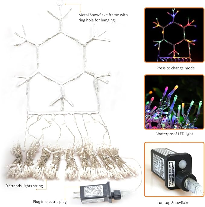 Outdoor Christmas Decorations String Lights, 320 LED 11.5 Ft Waterfall Tree Lights with Snowflake Topper 8 Lighting Modes Christmas Lights for Indoor Outdoor Yard Home Festival Xmas New Year Decor