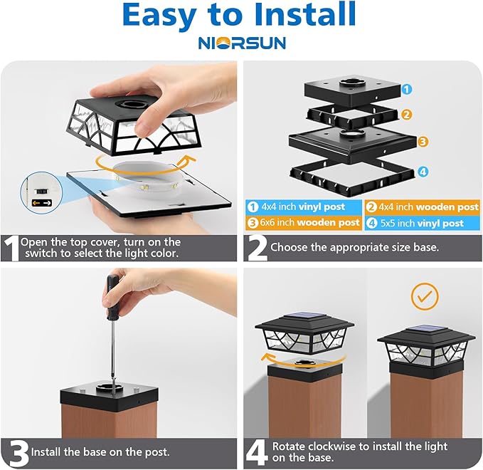 NIORSUN Solar Post Lights Outdoor 12 Pack, 2 Modes LED, Deck Fence Post Solar Lights for 3.5x3.5 4x4 5x5 5.5x5.5 Caps Patio Garden Decoration, Black