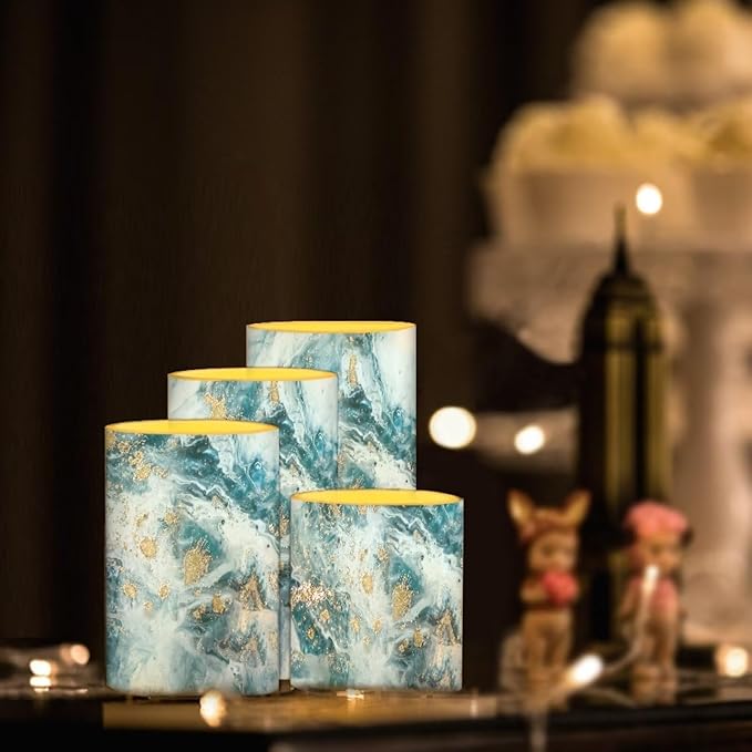 Flameless LED Battery Candles Pack of 4 Waterproof Pillar Candles Tealights with 18-Key Timer Remote Colorful Lights for Indoor Outdoor Home Outdoor Wedding Decor, Blue Gold Marble