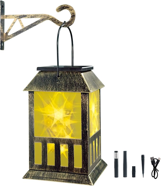 Solar Lanterns Outdoor Waterproof, Pathway Lights with 3D Lighting Effect, Solar & USB C Charging, Metal Garden Decor Hanging Lights for Landscape Yard Patio Lawn Driveway, Warm Light 1 Pack