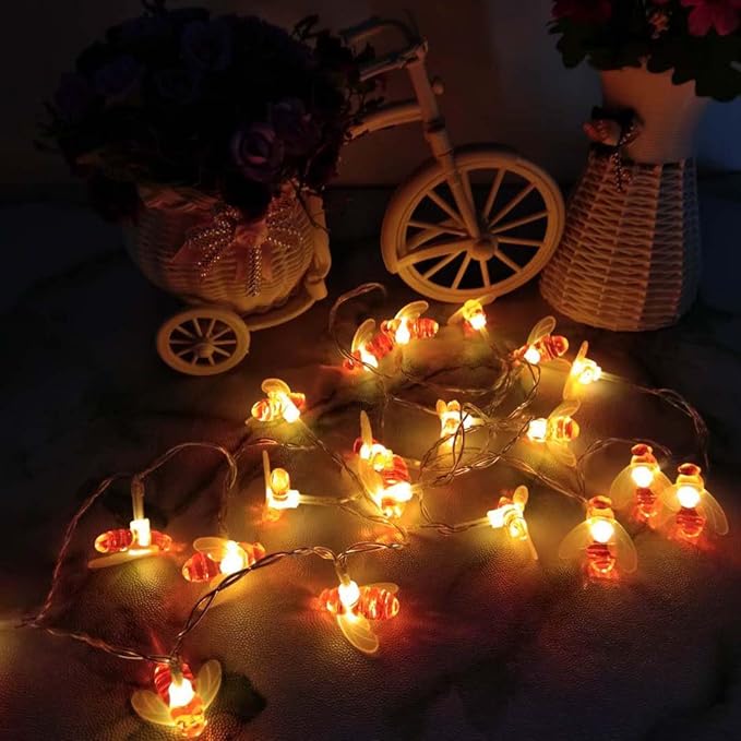 Remote Bee String Lights, 19.5Ft 40 Led Bee Shape Fairy String Lights Battery Operated String Lights for Garden, Patio, Lawn Decoration with Remote Control(Warm White)