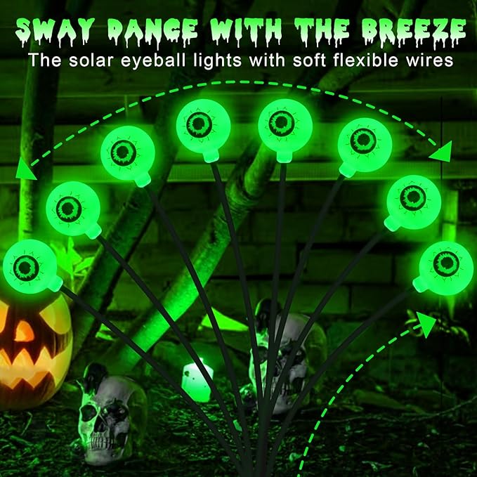 Solar Eyeball Lights Outdoor, 4 Pack 32 LED Halloween Eyeball Lights Outdoor Waterproof 8 Modes Scary Eyeballs Swaying Lights, Eyeballs Halloween Decor for Outside Yard Garden Party (Green)