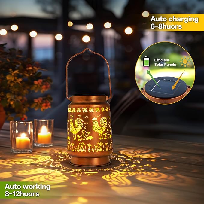 Solar Lanterns Outdoor Garden Decor,Chicken Gifts for Women, Mom, Grandma, Birthday, Thanksgiving, Decorative Waterproof Hanging Metal LED Light for Yard, Patio, Lawn, Landscape, Backyard (Rooster)