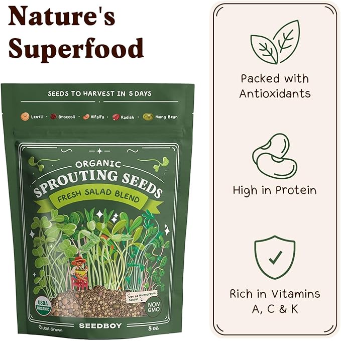 Seedboy Organic Sprouting Seeds - Salad Blend Variety- Non-GMO, USA Grown Microgreens Mix - Alfalfa, Broccoli, Radish, Mung Bean, Lentil - Makes 8 Quarts of Sprouts, 24 Servings (8 oz) (Salad Blend)