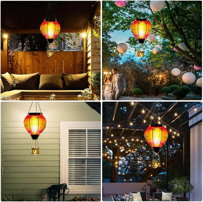 DREAMSOUL Hot Air Balloon Solar Lantern with Candle Holder, Glass Hanging Solar Lantern with Flickering Flame, Solar Lanterns Outdoor Waterproof for Lawn, Patio, Porch, Tree Decor