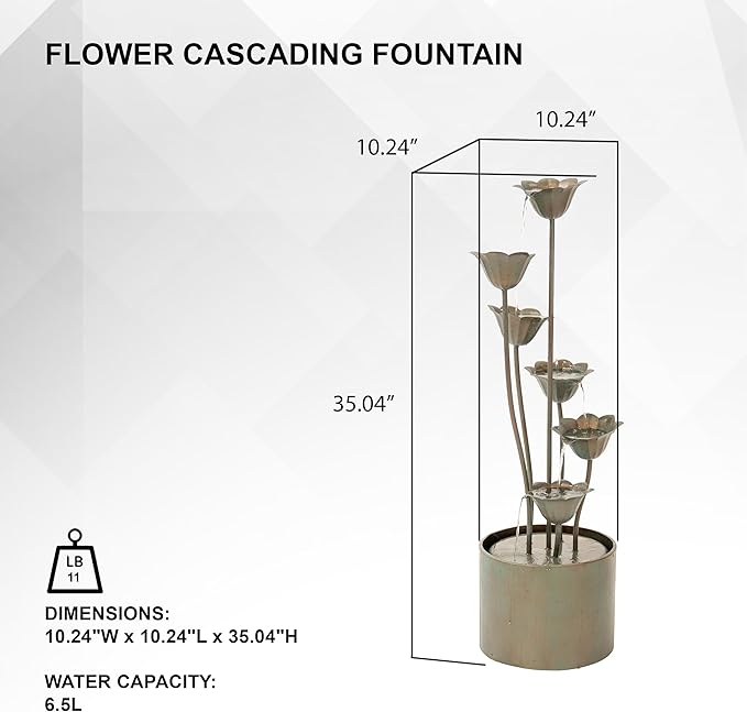 XBrand Sculptural Freestanding Metal Multi-Tiered Water Fountain w/Flowers, No LED Lights, Silver, 35" Tall
