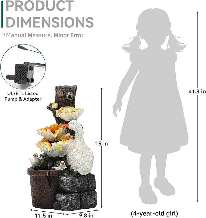 19.1" H Farmhouse Duck Garden Water Fountain with Sunflower, Indoor/Outdoor Freestanding, Soothing Cascading Waterfall with LED Lights, Decorative Water Feature for Patio, Yard, and Garden