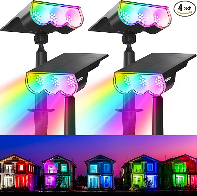 Barrina 36 LEDs Landscape Solar Spotlights, WRGB Solar Powered Dusk-to-Dawn Outdoor Garden Lights, 360° Horizontal Adjustable Spotlights for Garden Yard Patio Driveway Porch, 4 Packs