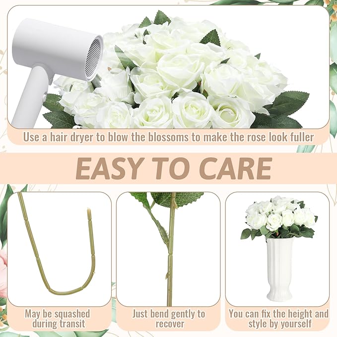 36 Pcs Silk White Rose Bouquet Bridal Artificial Flowers,Fake Rose Long Stem Realistic Artificial Flowers Bulk for Wedding Bouquet Ball Arrangement Centerpiece Party Decor