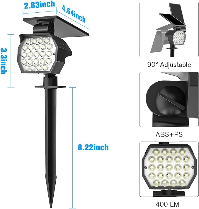 NIORSUN Solar Spot Lights Outdoor,23 LEDs Landscape Lighting with Auto On/Off and 3 Lighting Modes, IP67 Waterproof Spotlights,Outdoor Solar Lights for Yard Garden,2 Pack(Cool White)