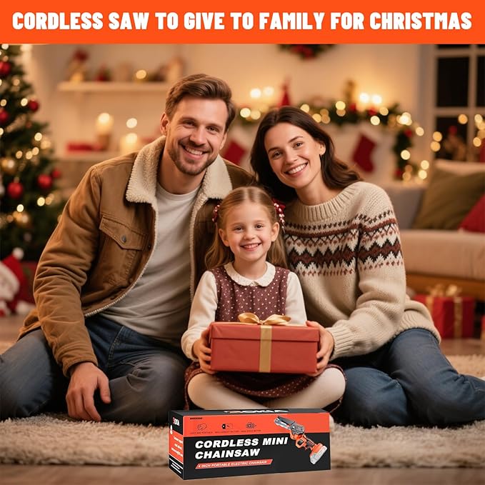 Cordless Mini Chainsaw 21V,4In Electric Chainsaw,Handheld & Portable Power Chain Saw for Tree Trimming Pruning Garden & Yard Work,Battery Chain Saw Gifts for Men Women Dad Orange