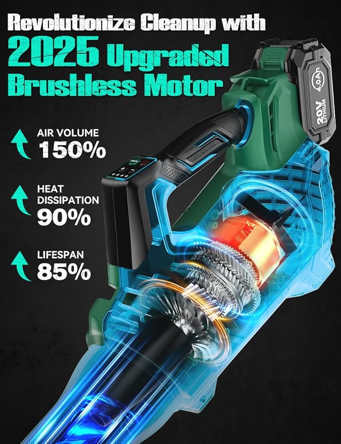 KIMO Cordless Leaf Blower with Battery and Charger, 750CFM 220MPH, 4 Speeds w/Turbo Mode, Brushless Motor, 3 Extended Tube, 4000mAh Battery Powered Leaf Blowers for Lawn Care Patio Cleaning Wet Leaves