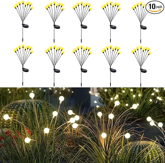 Firefly Garden Lights Solar Outdoor - 80 LED Solar Firefly Lights Outdoor Waterproof, Yard Patio Decoration Solar Powered Firefly Lights, Warm White 10PCS
